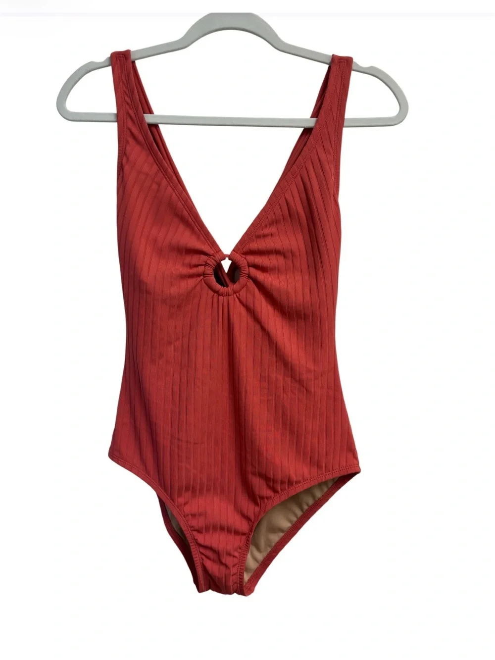Kona Sol | Ribbed One Piece Swimsuit | Coral Pink Cutout Tie Back | Medium